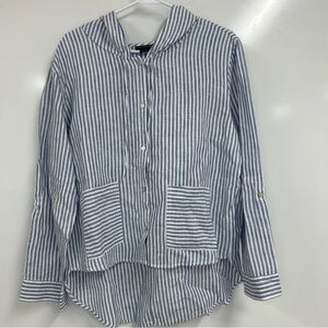 0279 Cottage core boho Tahari Linen Striped Hoodie Shirt  Oversize Tunic Pockets